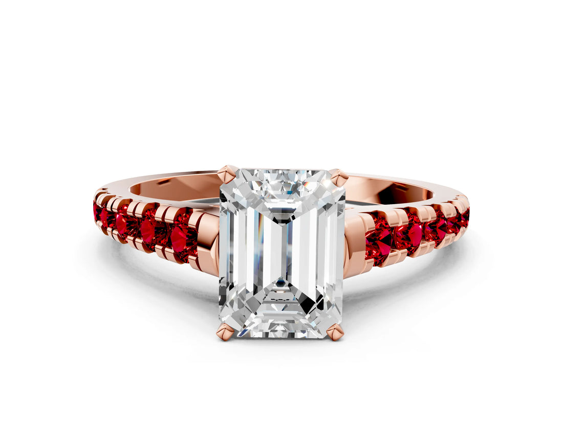 Rose gold Emerald Cut Diamond Cathedral Solitaire Ring with Round with Ruby side stone Pavé Band_24