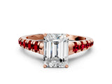 Rose gold Emerald Cut Diamond Cathedral Solitaire Ring with Round with Ruby side stone Pavé Band_24