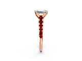 Rose gold Emerald Cut Diamond Cathedral Solitaire Ring with Round with Ruby side stone Pavé Band_26