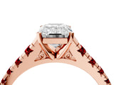 Rose gold Emerald Cut Diamond Cathedral Solitaire Ring with Round with Ruby side stone Pavé Band_28