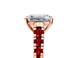 Rose gold Emerald Cut Diamond Cathedral Solitaire Ring with Round with Ruby side stone Pavé Band_29