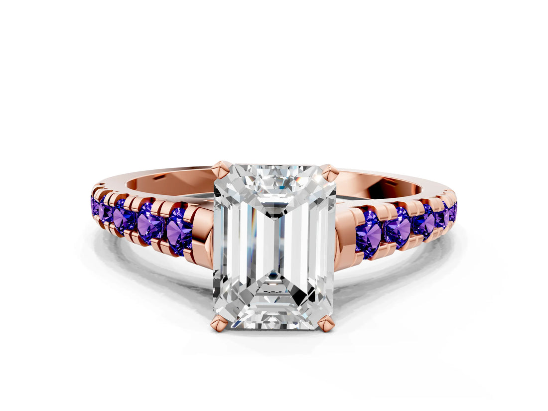 Rose gold Emerald Cut Diamond Cathedral Solitaire Ring with Round with Tanzanite side stone Pavé Band