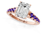 Rose gold Emerald Cut Diamond Cathedral Solitaire Ring with Round with Tanzanite side stone Pavé Band_1