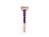 Rose gold Emerald Cut Diamond Cathedral Solitaire Ring with Round with Tanzanite side stone Pavé Band_2