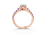 Rose gold Emerald Cut Diamond Cathedral Solitaire Ring with Round with Tanzanite side stone Pavé Band_3
