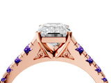 Rose gold Emerald Cut Diamond Cathedral Solitaire Ring with Round with Tanzanite side stone Pavé Band_4