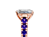 Rose gold Emerald Cut Diamond Cathedral Solitaire Ring with Round with Tanzanite side stone Pavé Band_5