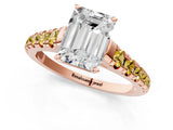 Rose gold Emerald Cut Diamond Cathedral Solitaire Ring with Round with Yellow Sapphire side stone Pavé Band_25