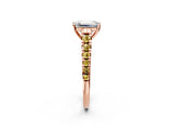 Rose gold Emerald Cut Diamond Cathedral Solitaire Ring with Round with Yellow Sapphire side stone Pavé Band_26