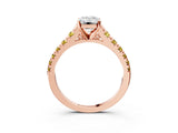 Rose gold Emerald Cut Diamond Cathedral Solitaire Ring with Round with Yellow Sapphire side stone Pavé Band_27