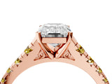 Rose gold Emerald Cut Diamond Cathedral Solitaire Ring with Round with Yellow Sapphire side stone Pavé Band_28