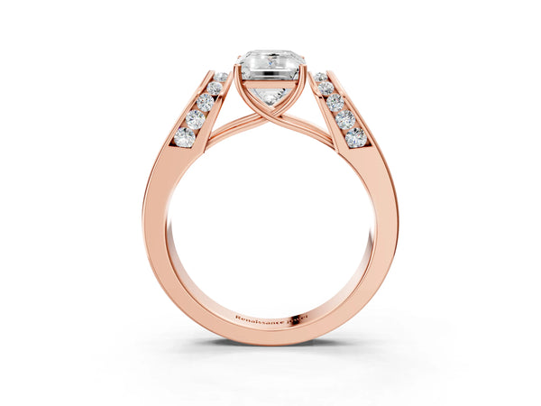 Rose Gold Emerald Cut Channel Set Engagement Ring Setting with Accented Shoulders on Wide Band