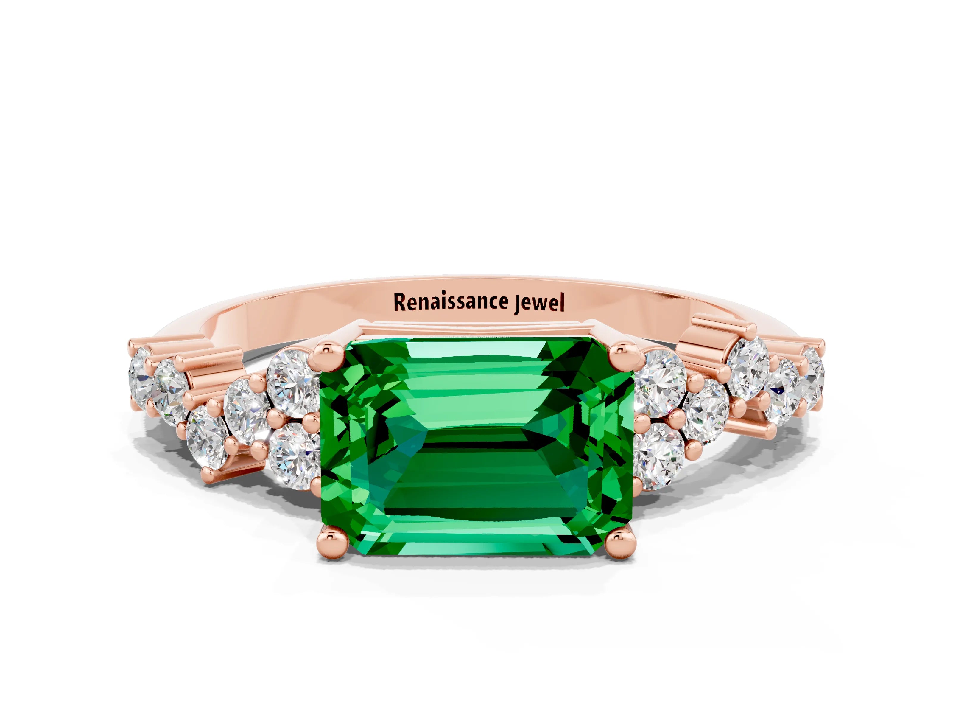 Rose gold Emerald Cut Diamond Cluster Pavé Band with Four-Prong Setting