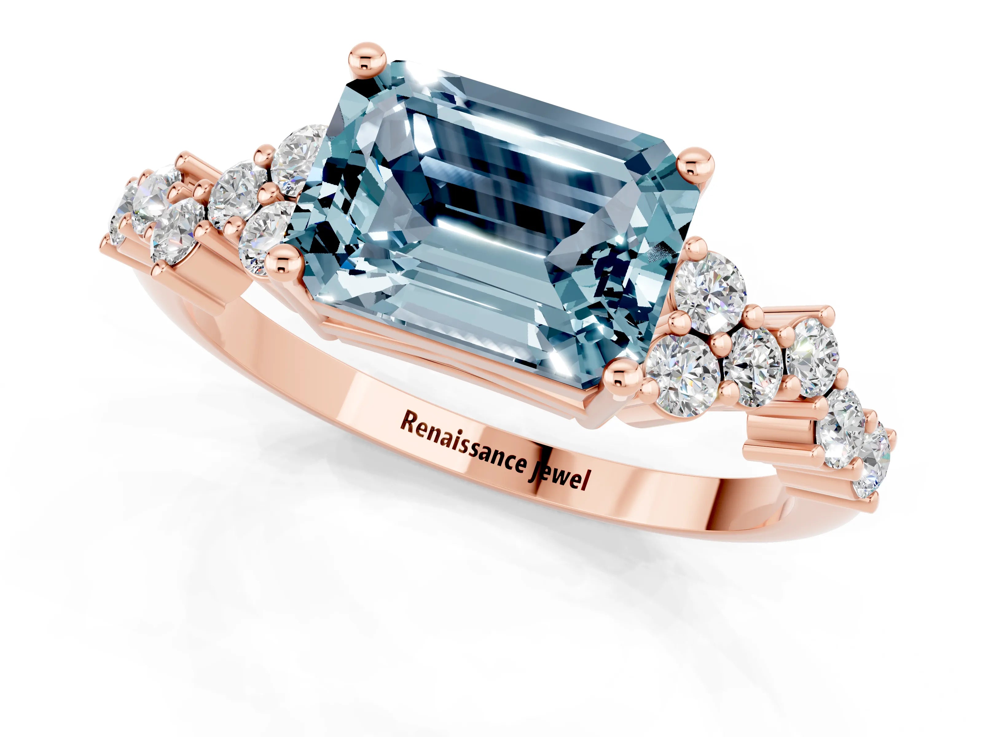 Rose gold Emerald Cut Diamond Cluster Pavé Band with Four-Prong Setting_1