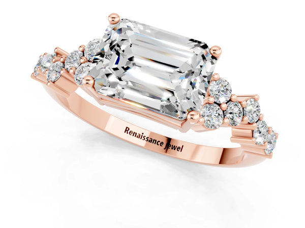 Rose gold Emerald Cut Moissanite Scattered Round Accent Ring with Prong Setting
