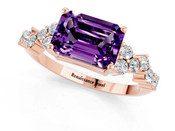 Rose gold Emerald Cut Amethyst Scattered Round Accent Ring with Prong Setting