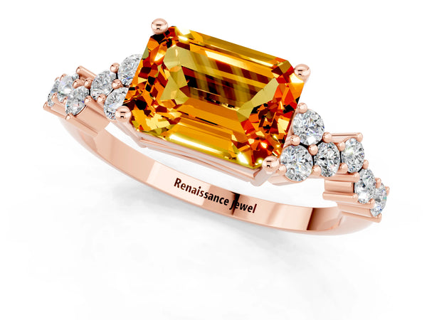 Rose gold Emerald Cut Citrine Scattered Round Accent Ring with Prong Setting