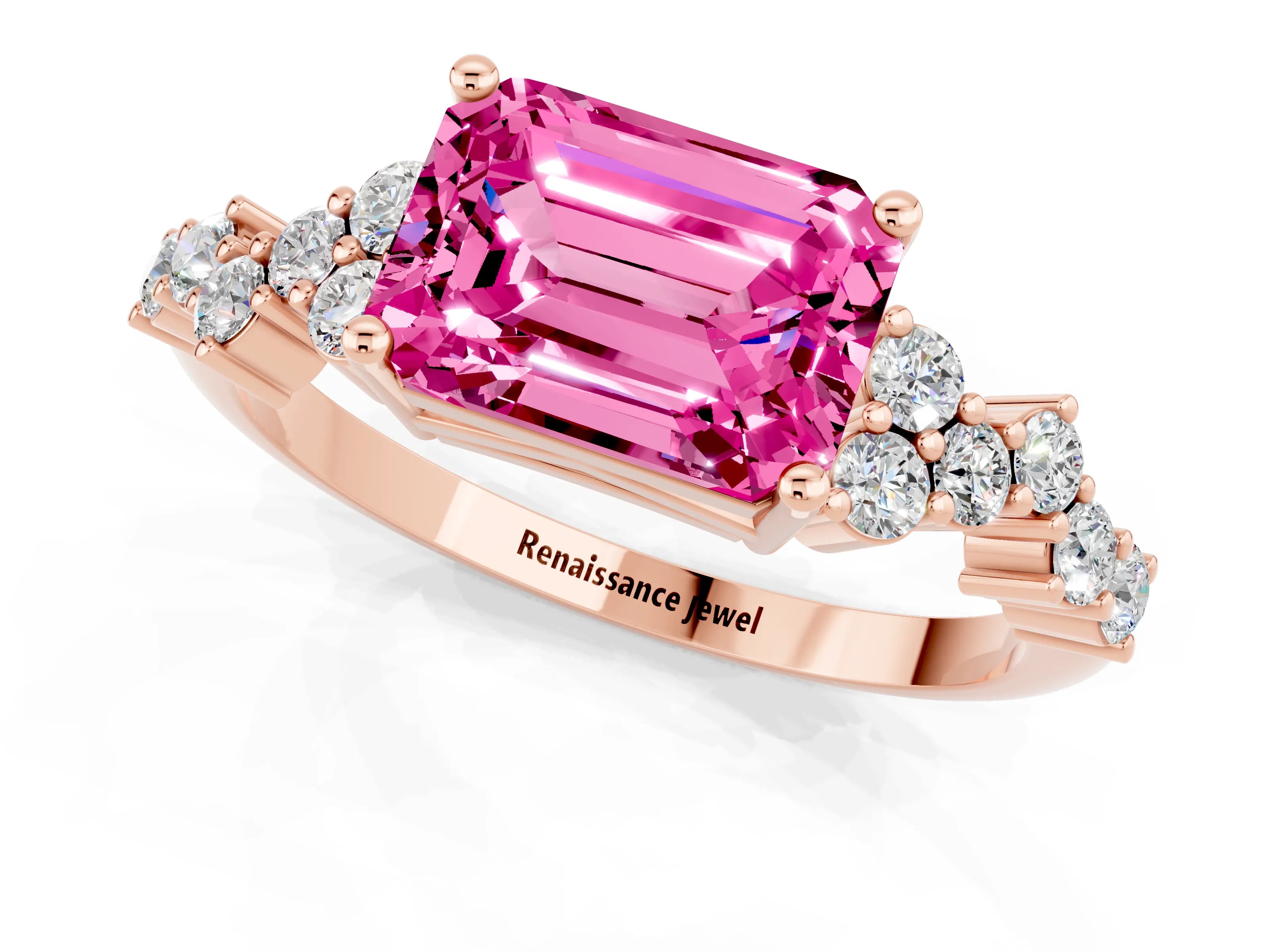 Rose gold Emerald Cut Diamond Cluster Pavé Band with Four-Prong Setting_1