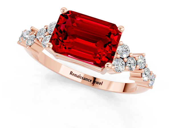 Rose gold Emerald Cut Ruby Scattered Round Accent Ring with Prong Setting