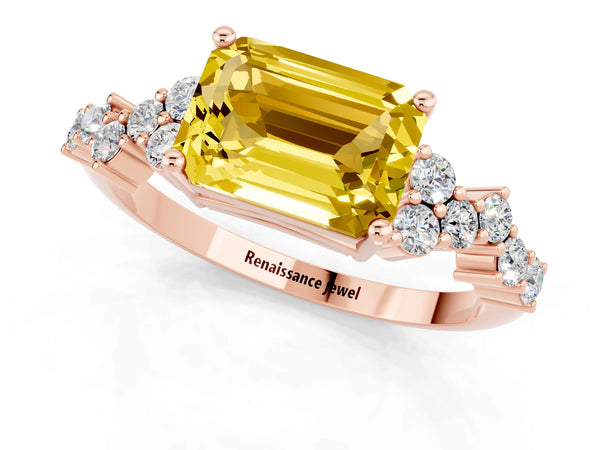 Rose gold Emerald Cut Yellow Sapphire Scattered Round Accent Ring with Prong Setting