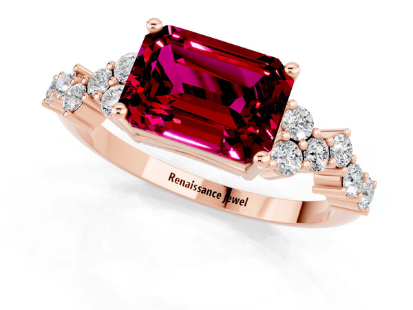 Rose gold Emerald Cut Garnet Scattered Round Accent Ring with Prong Setting