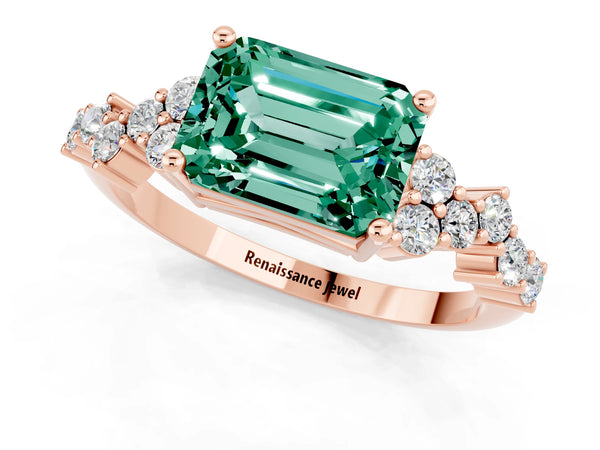 Rose gold Emerald Cut Green Sapphire Scattered Round Accent Ring with Prong Setting