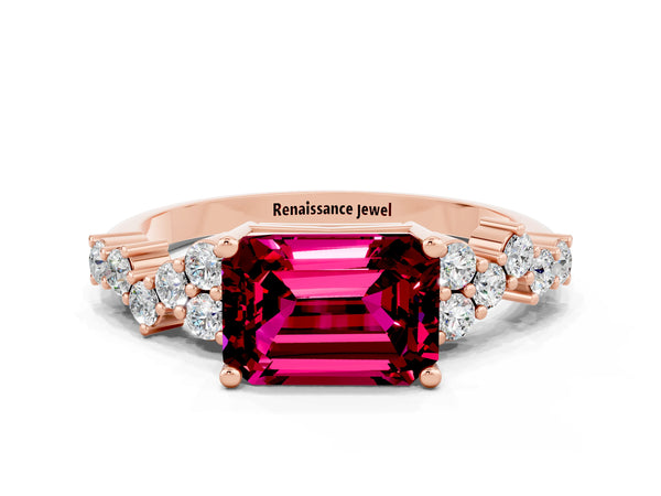 Rose gold Emerald Cut Garnet Scattered Round Accent Ring with Prong Setting