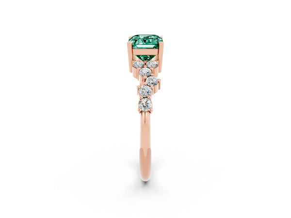 Rose gold Emerald Cut Green Sapphire Scattered Round Accent Ring with Prong Setting