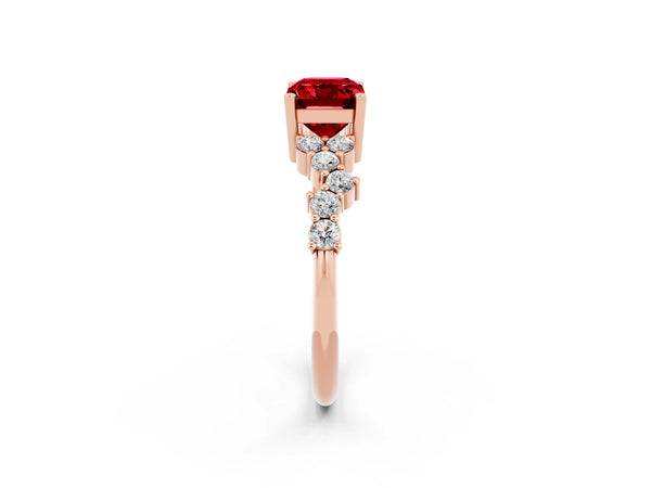 Rose gold Emerald Cut Ruby Scattered Round Accent Ring with Prong Setting