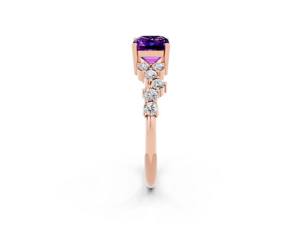 Rose gold Emerald Cut Amethyst Scattered Round Accent Ring with Prong Setting