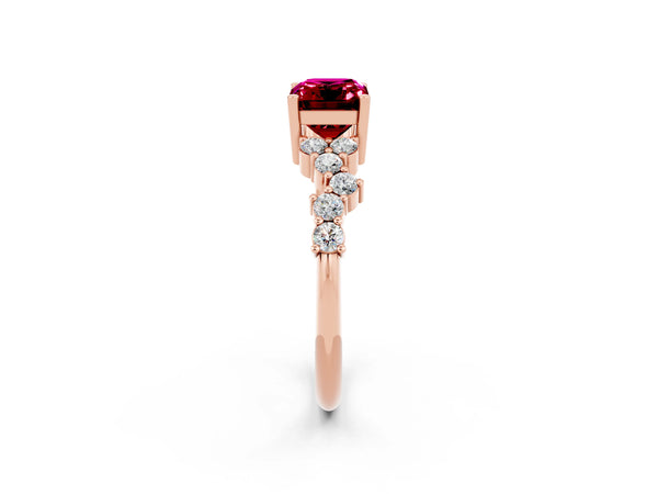 Rose gold Emerald Cut Garnet Scattered Round Accent Ring with Prong Setting