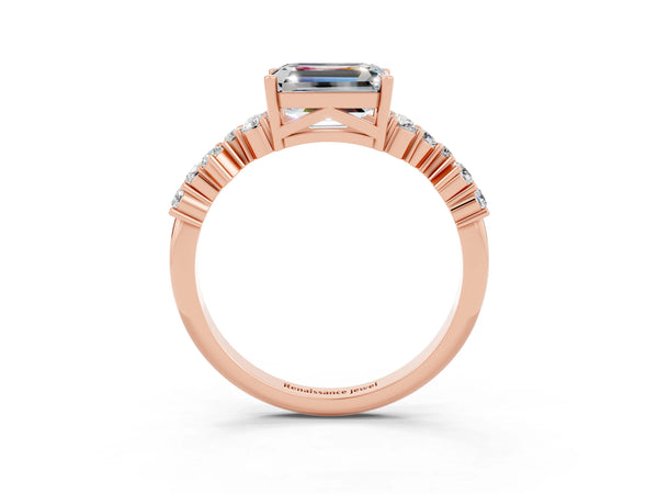 Rose gold Emerald Cut Moissanite Scattered Round Accent Ring with Prong Setting