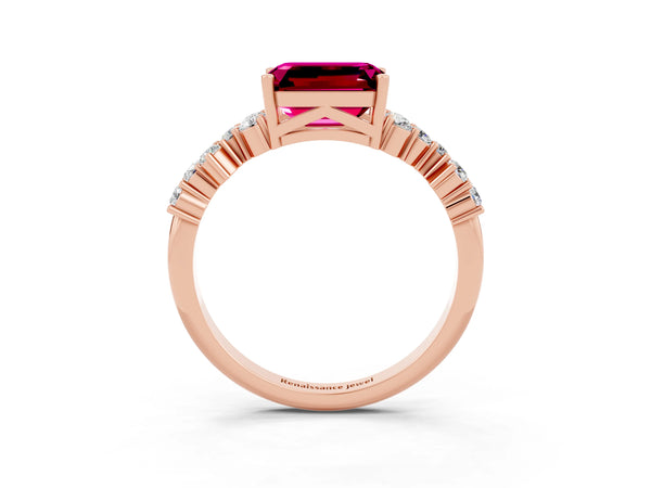 Rose gold Emerald Cut Garnet Scattered Round Accent Ring with Prong Setting