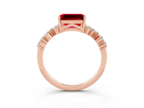 Rose gold Emerald Cut Ruby Scattered Round Accent Ring with Prong Setting