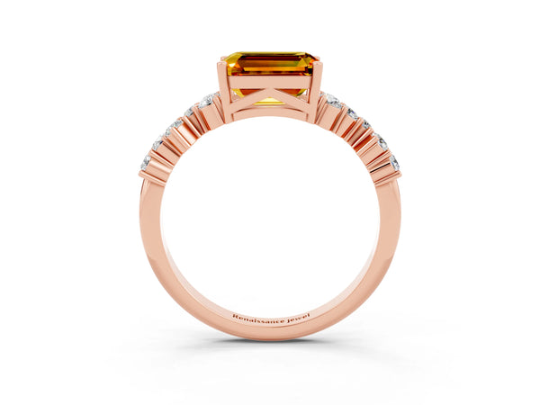 Rose gold Emerald Cut Citrine Scattered Round Accent Ring with Prong Setting