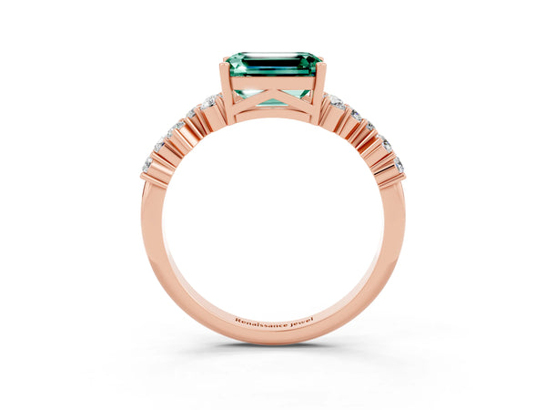 Rose gold Emerald Cut Green Sapphire Scattered Round Accent Ring with Prong Setting
