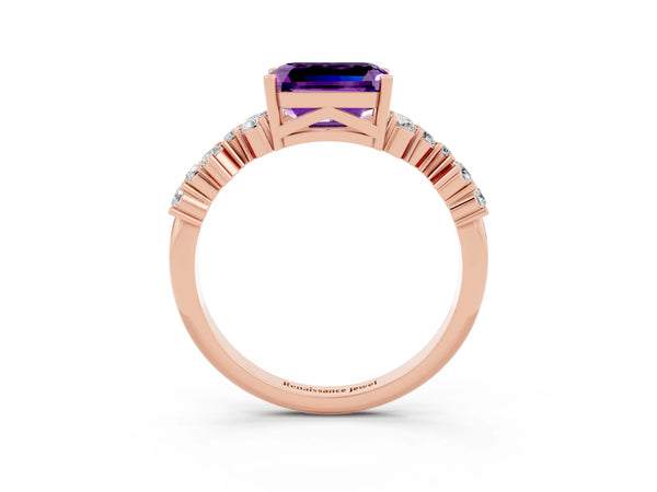 Rose gold Emerald Cut Amethyst Scattered Round Accent Ring with Prong Setting