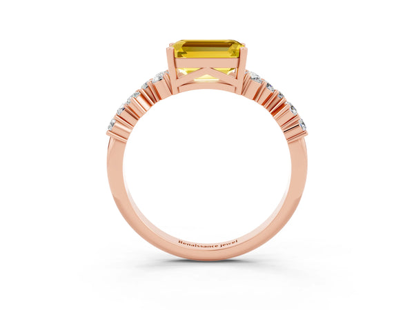 Rose gold Emerald Cut Yellow Sapphire Scattered Round Accent Ring with Prong Setting