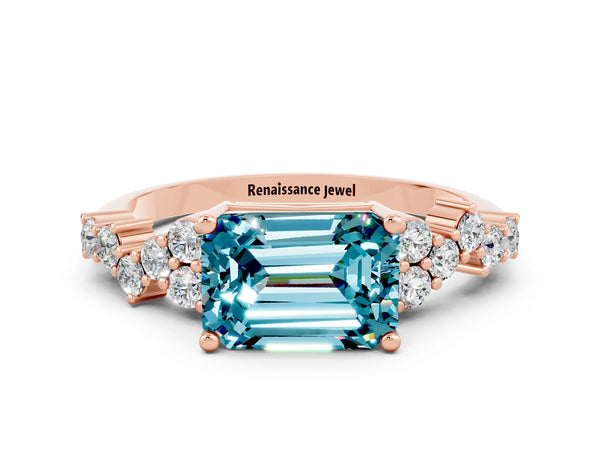 Rose gold Emerald Cut Diamond Cluster Pavé Band with Four-Prong Setting