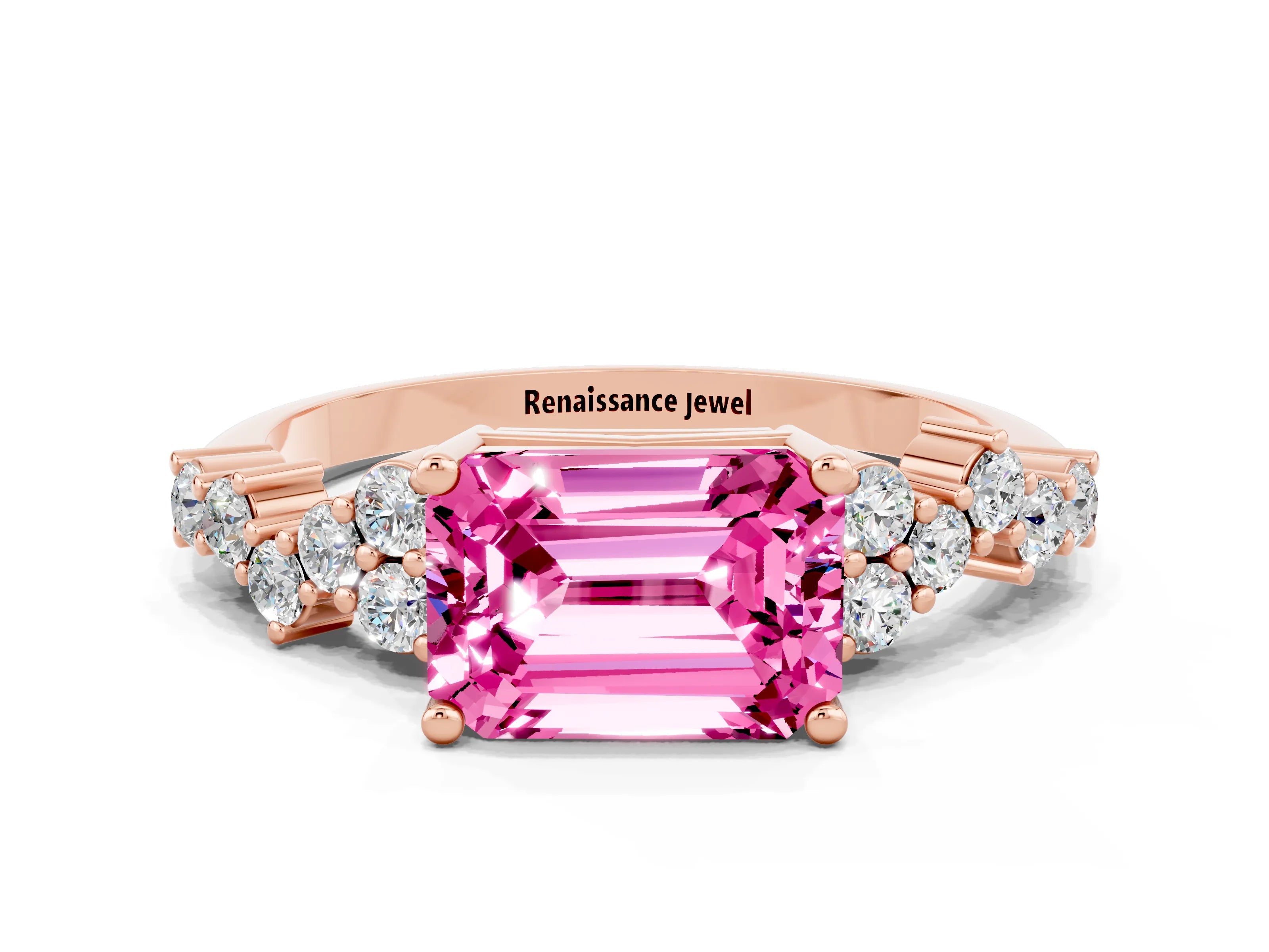 Rose gold Emerald Cut Diamond Cluster Pavé Band with Four-Prong Setting
