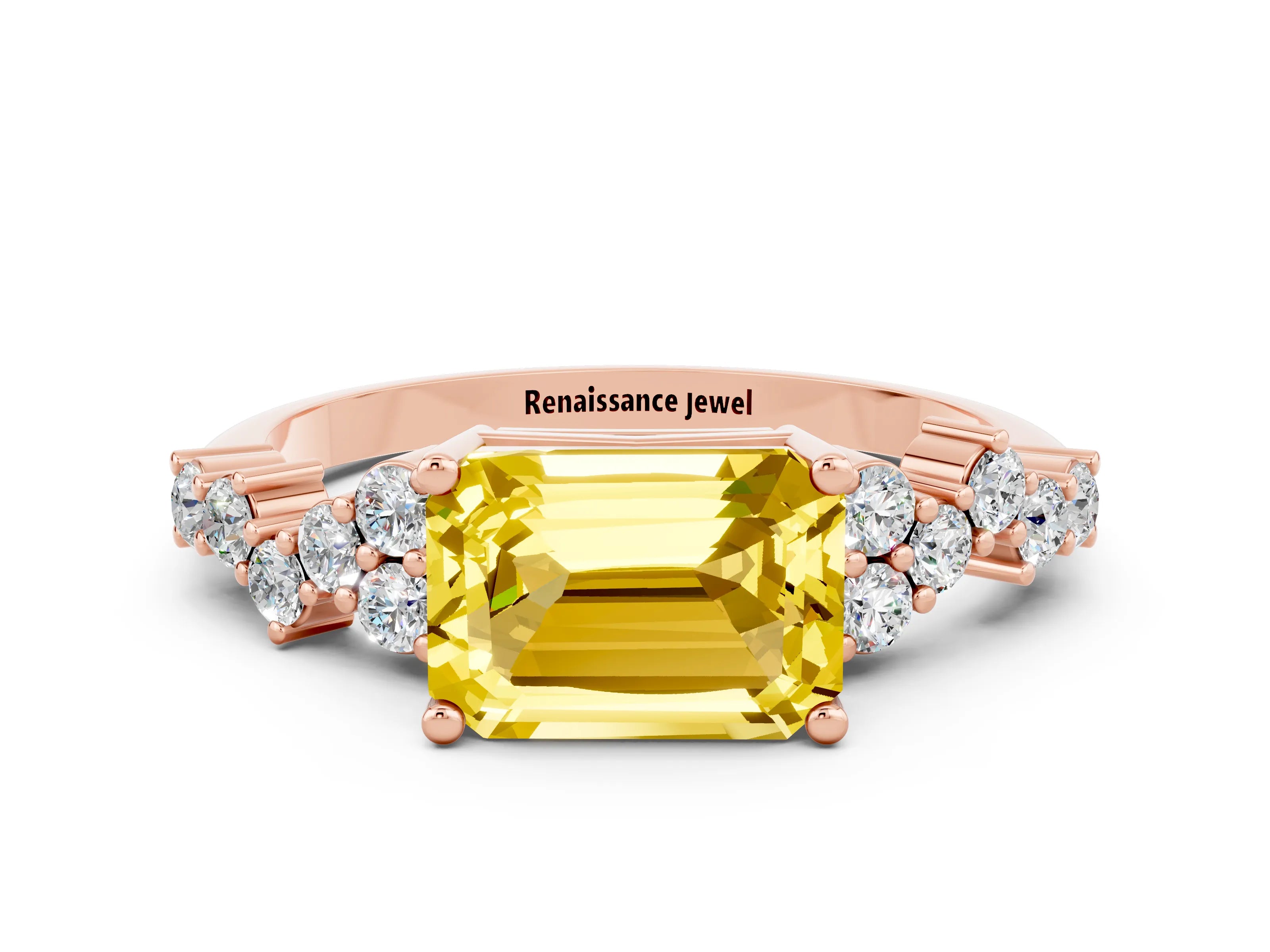 Rose gold Emerald Cut Diamond Cluster Pavé Band with Four-Prong Setting