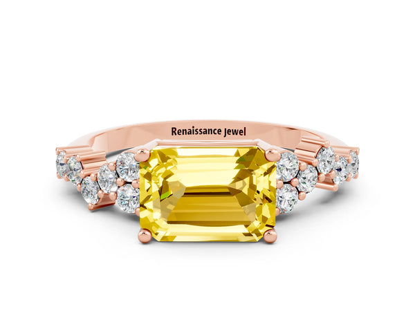 Rose gold Emerald Cut Yellow Sapphire Scattered Round Accent Ring with Prong Setting