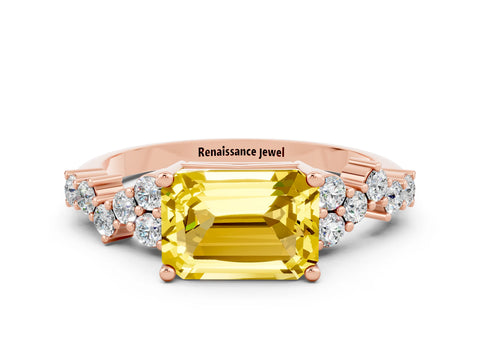 Rose gold Emerald Cut Diamond Cluster Pavé Band with Four-Prong Setting