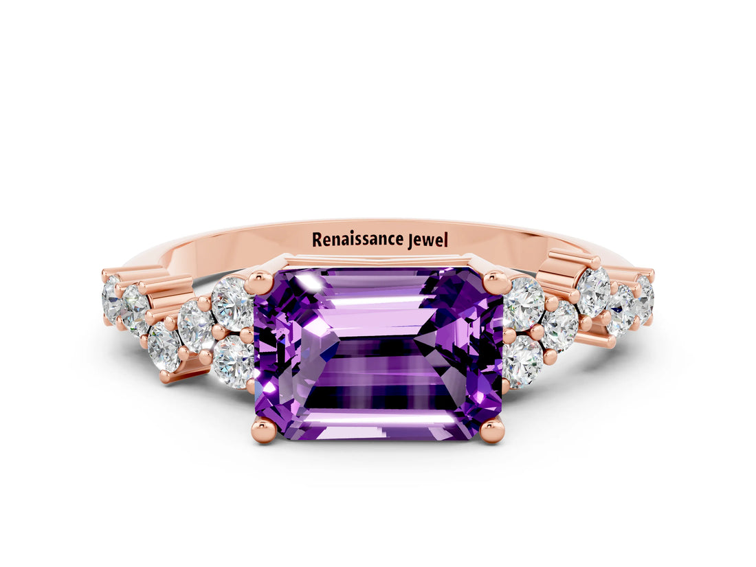 Rose gold Emerald Cut Diamond Cluster Pavé Band with Four-Prong Setting