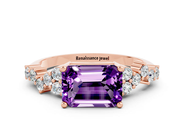 Rose gold Emerald Cut Amethyst Scattered Round Accent Ring with Prong Setting
