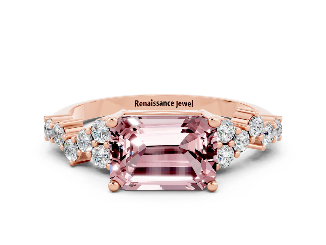 Rose gold Emerald Cut Diamond Cluster Pavé Band with Four-Prong Setting