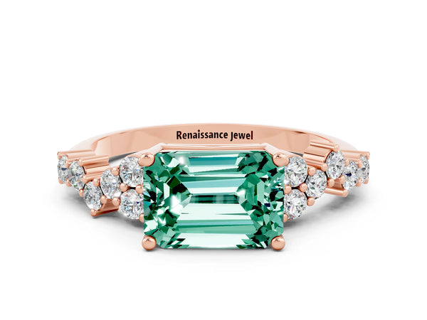 Rose gold Emerald Cut Green Sapphire Scattered Round Accent Ring with Prong Setting