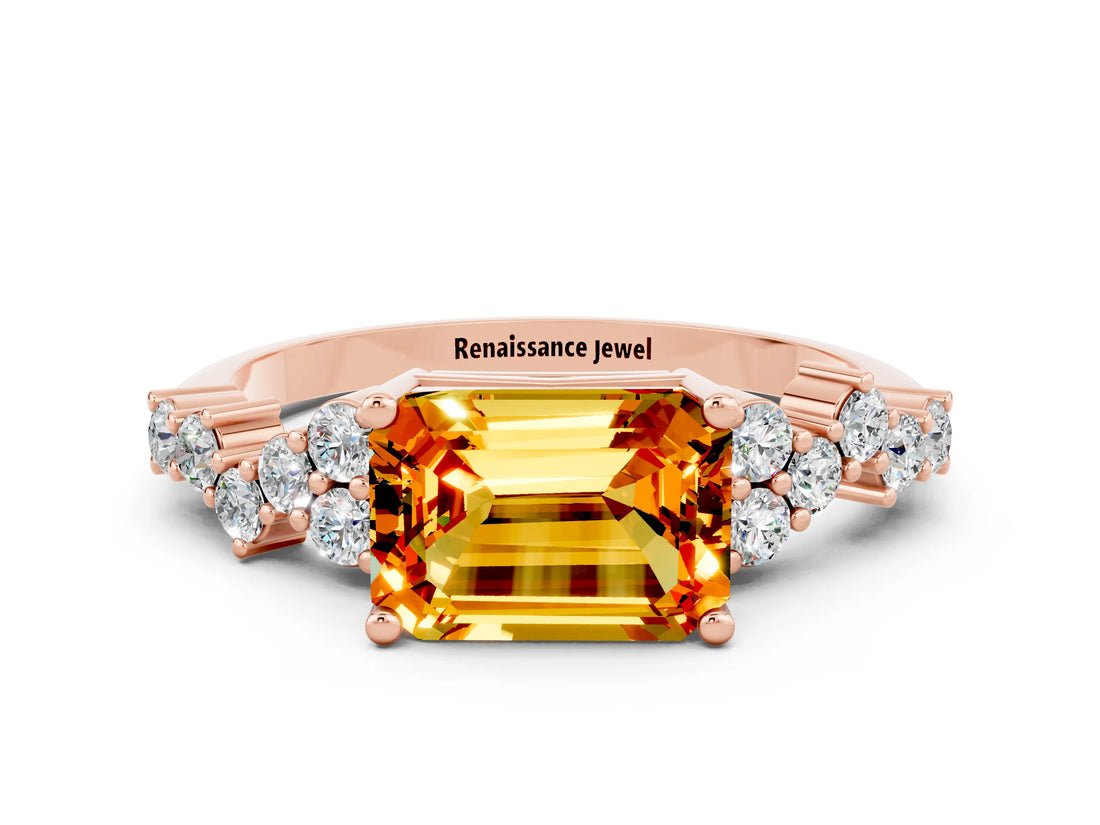 Rose gold Emerald Cut Diamond Cluster Pavé Band with Four-Prong Setting