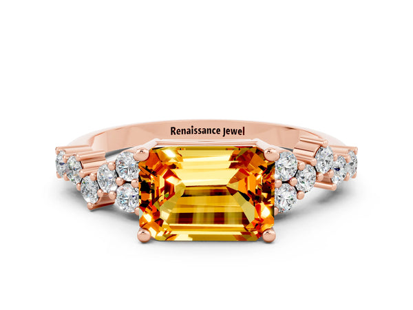 Rose gold Emerald Cut Citrine Scattered Round Accent Ring with Prong Setting