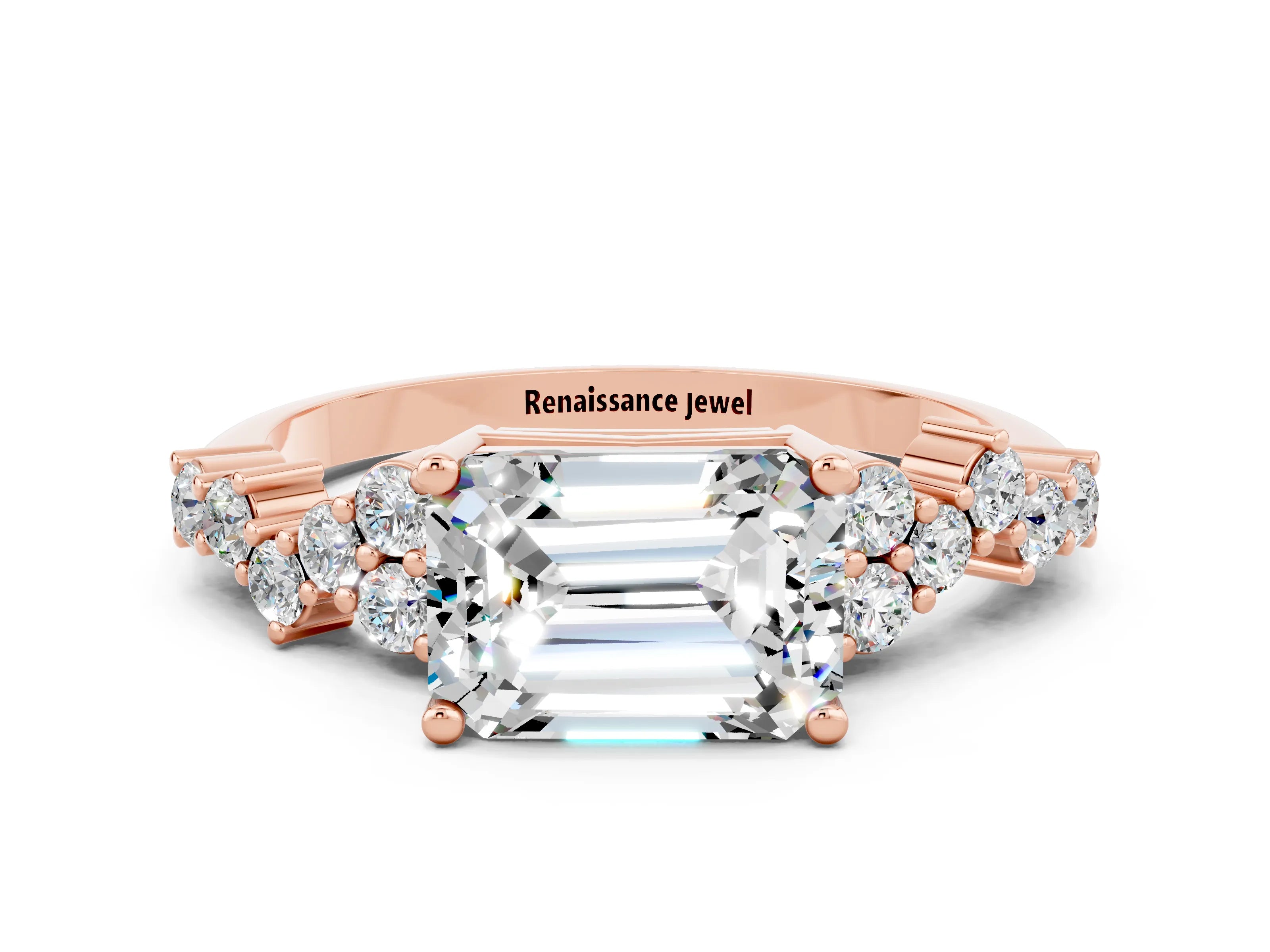 Rose gold Emerald Cut Diamond Cluster Pavé Band with Four-Prong Setting